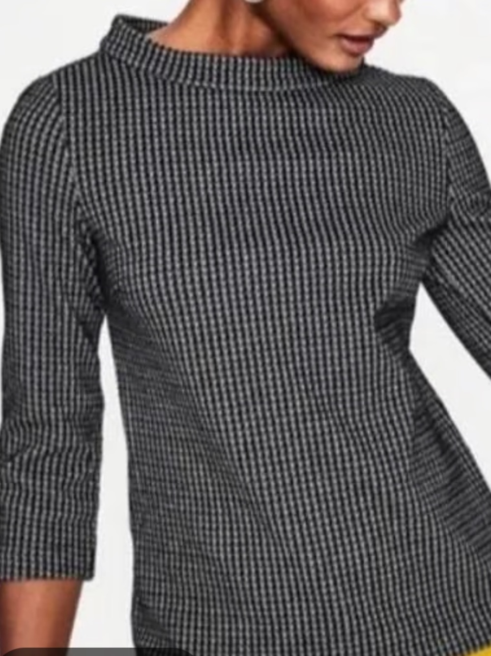 Boden Opal Blouse Women 6 Black Check Mock Neck 3/4 Sleeve Stretch Knit Jersey